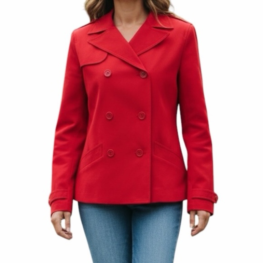 Theory for Bergdorf Goodman  Double-Breasted Red Stretch Cotton Peacoat Jacket S